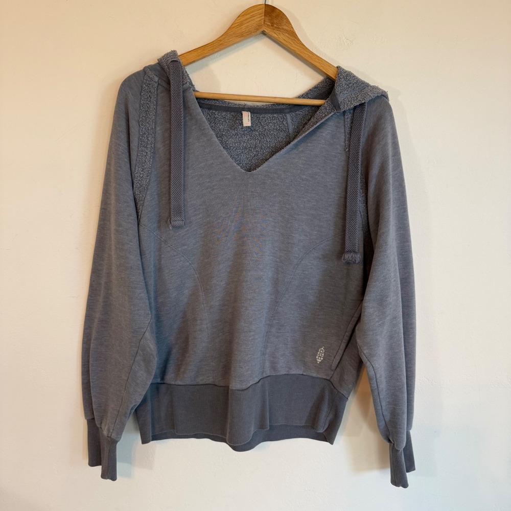 Free People Movement V-Neck Hoodie Blue Gray Fleece Relaxed Lounge Athleisure M